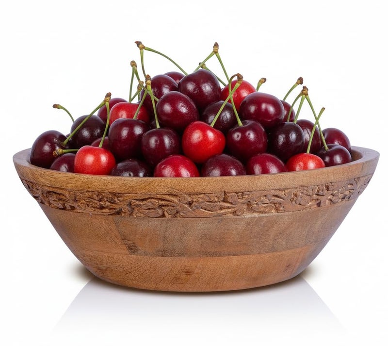Mela Artisans Wooden Fruit Bowl | Medium Burnt Finish | 9” Mango Wood Serving Bowl with Felt Pads | Multipurpose for Kitchen Countertop |Salad | Snacks | Breads & More | Natural Grain Texture - Image 1